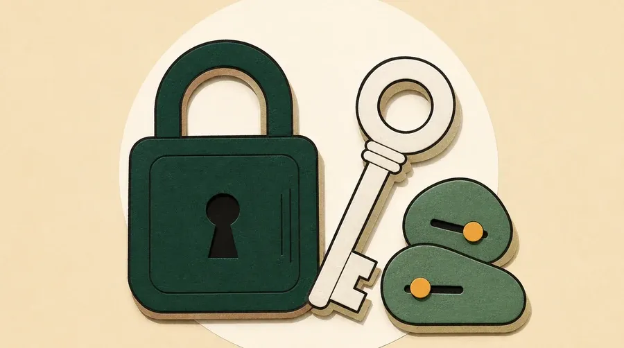 Un cadenas vert forêt accompagne une clé crème et deux galets vert sauge.