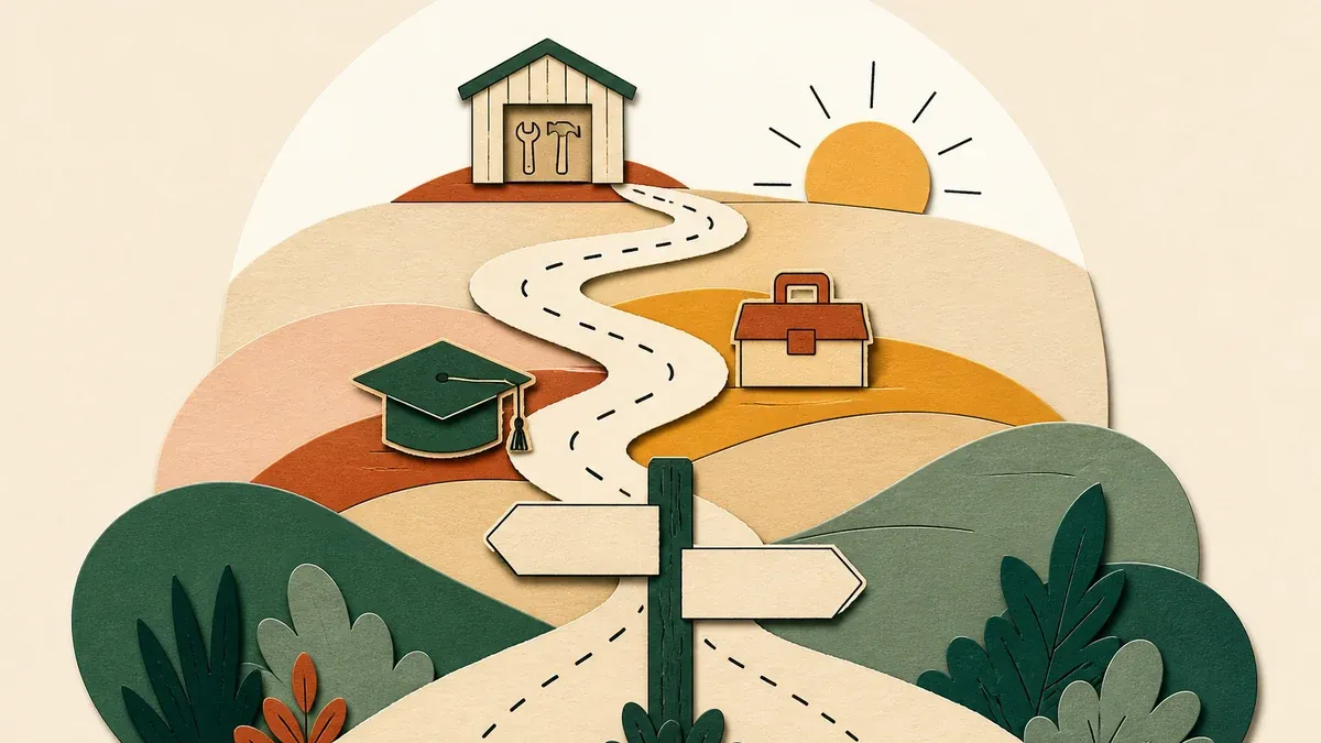 Route en pointillés de papier découpé gravissant des collines vers le soleil, jalonnée d’une toque de diplômé, d’une boîte à outils et d’un panneau indicateur, collage éditorial