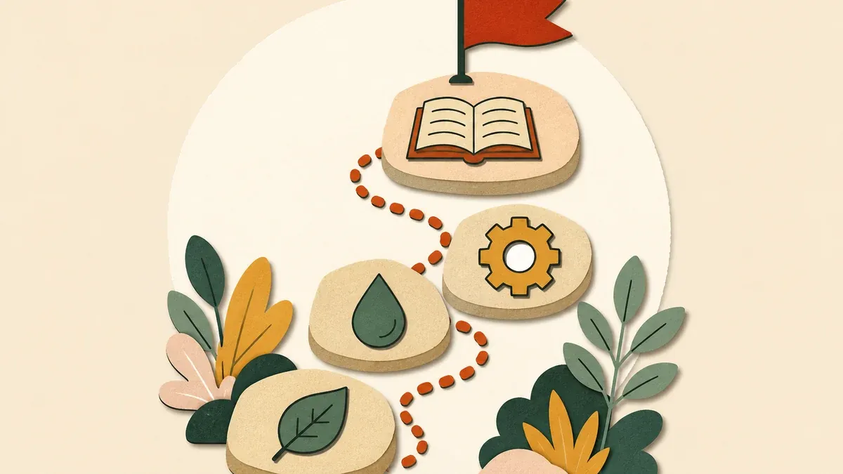 Illustration en papier découpé : chemin pointillé sinueux avec pierres, feuille, goutte d'eau, roue, livre et drapeau.