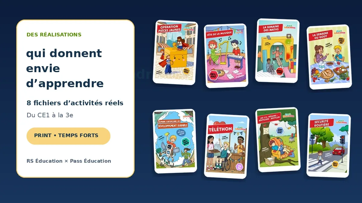 Patchwork de huit fichiers d’activités Pass Éducation sur la solidarité, la culture, les sciences, l’environnement, la santé et la prévention