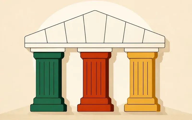 Trois colonnes colorées soutiennent un fronton triangulaire sur un fond beige