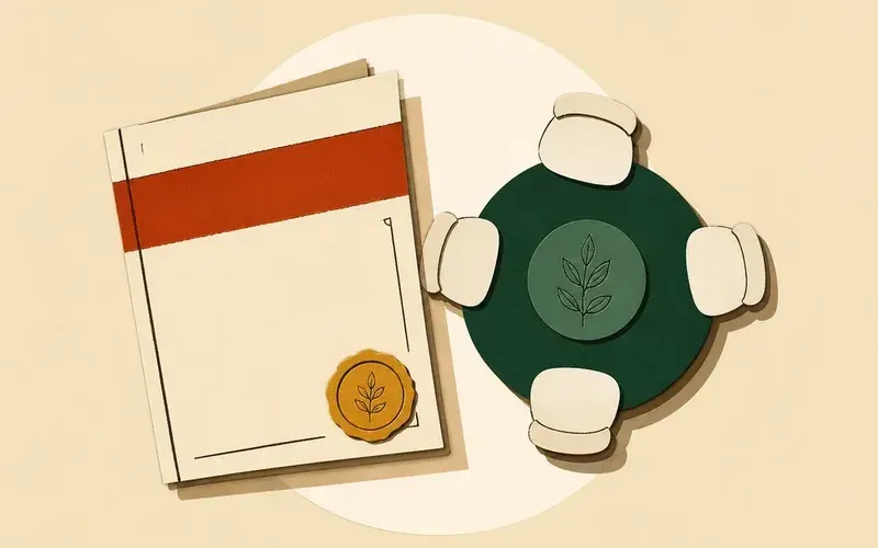 Une pile de documents et une table ronde avec quatre chaises vues de dessus