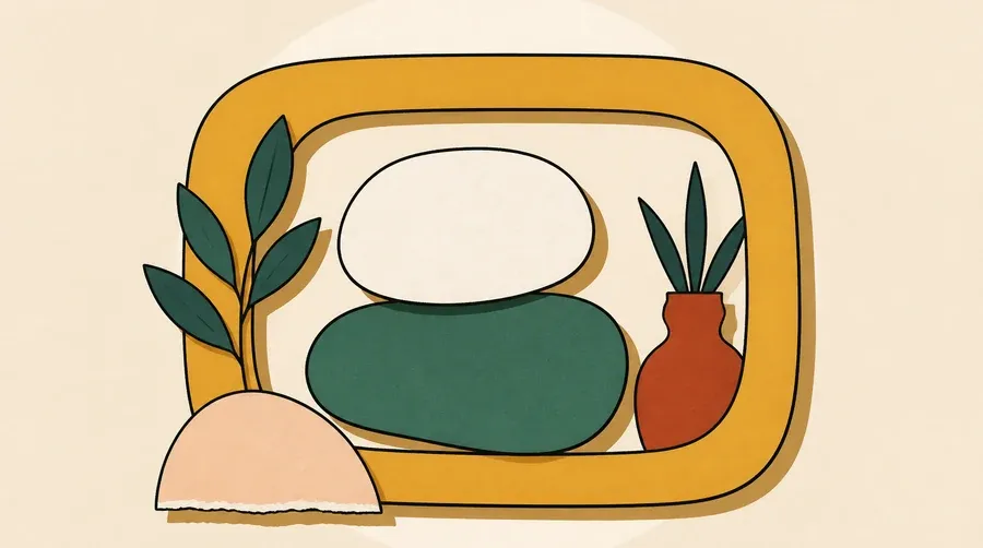 Un cadre ocre entoure deux galets crème et vert sauge.