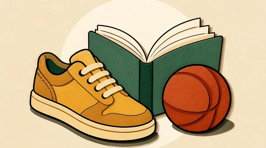 Une chaussure ocre, un livre vert sauge et un ballon terre cuite.