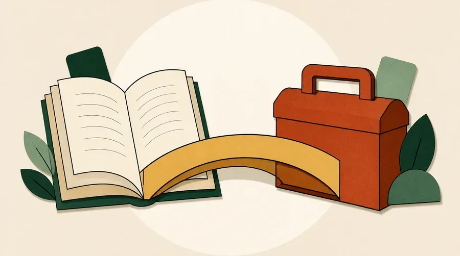 Un livre crème, une boîte terre cuite et un pont ocre.