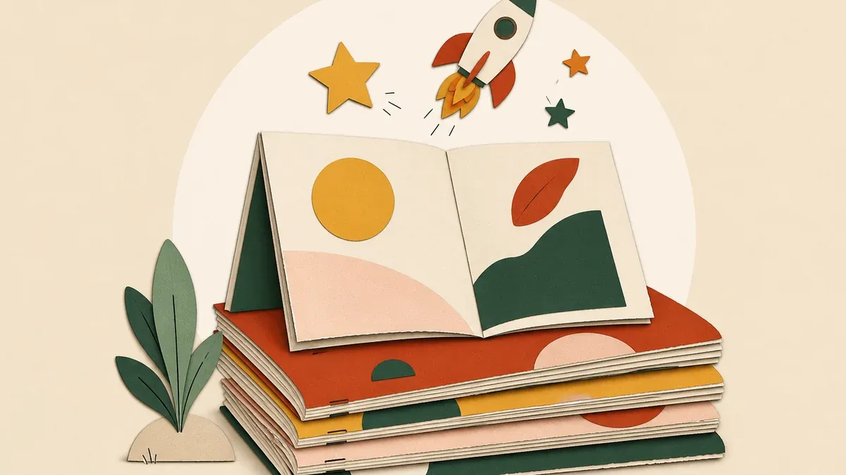Pile de magazines jeunesse en papier découpé avec fusée et étoiles au-dessus, collage éditorial chaleureux