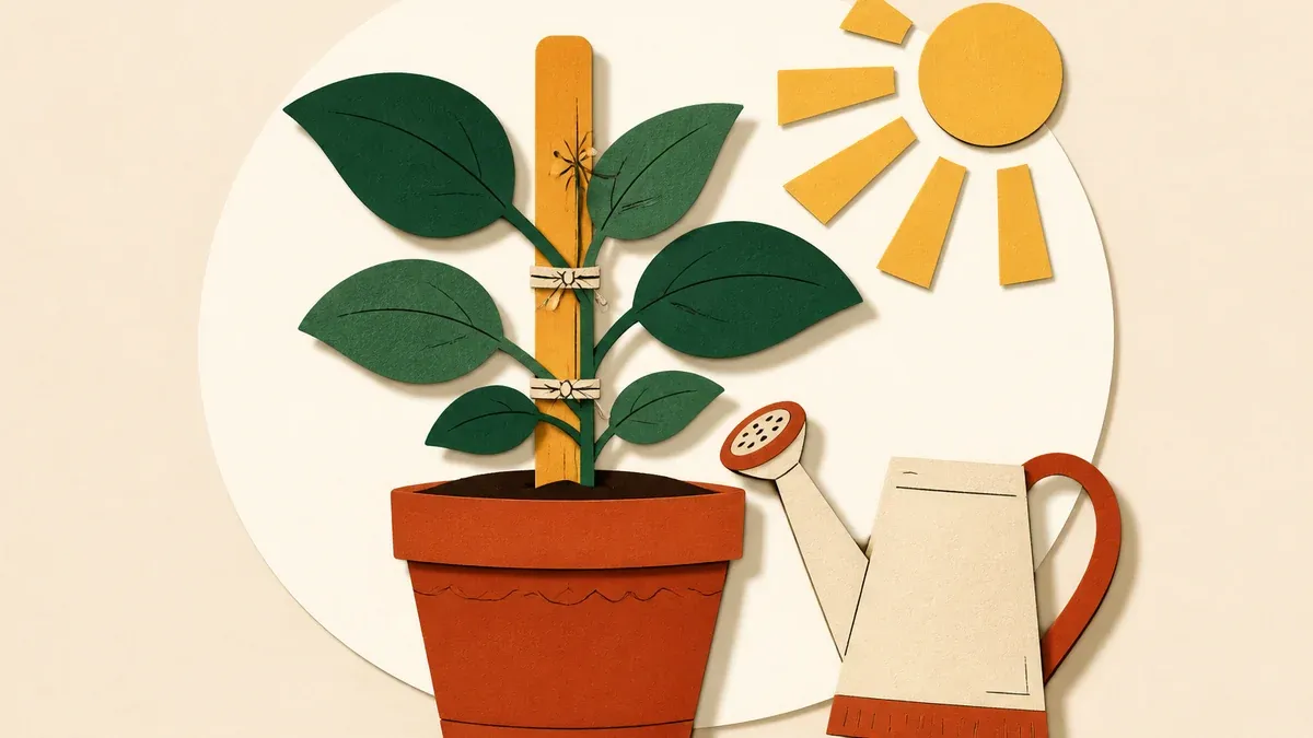 Jeune pousse en papier découpé guidée par un tuteur de jardinage, arrosoir et rayons de soleil, collage éditorial aux tons terracotta, ocre et vert forêt