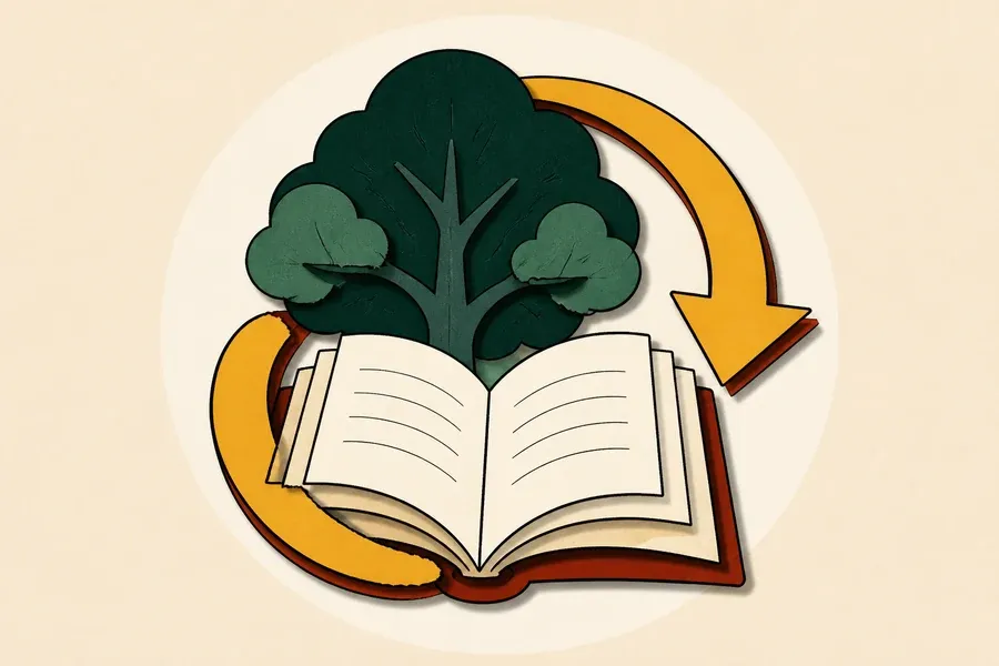 Arbre vert forêt, livre crème et flèche circulaire ocre rassemblés.