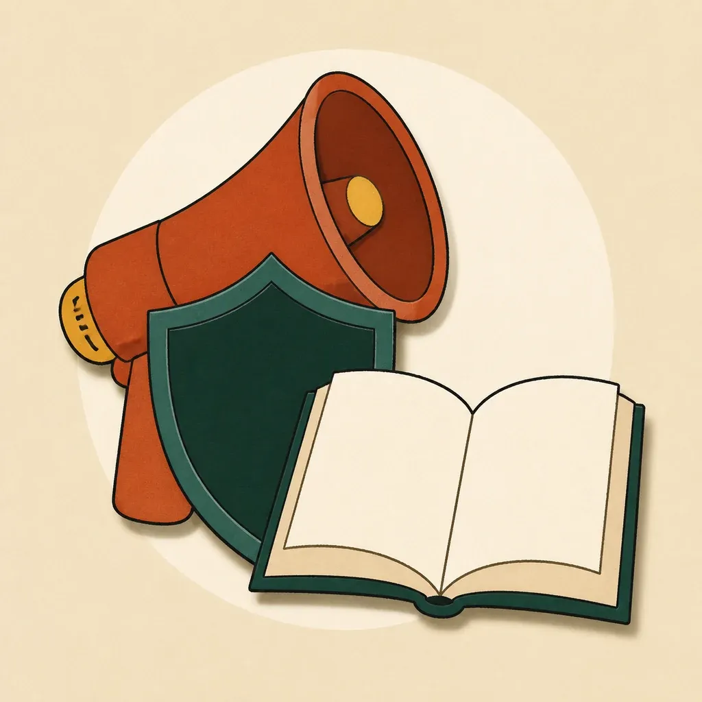 Un mégaphone terre cuite derrière un bouclier vert forêt et un livre crème.