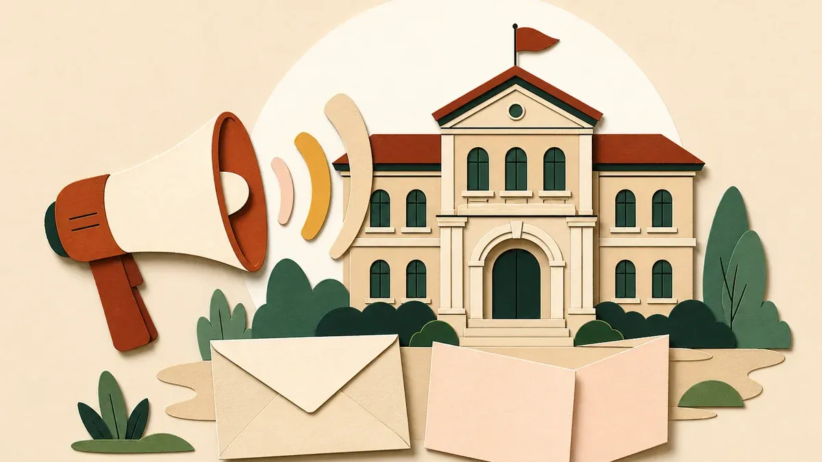 Mégaphone en papier découpé diffusant des ondes douces vers une école élégante, collage éditorial