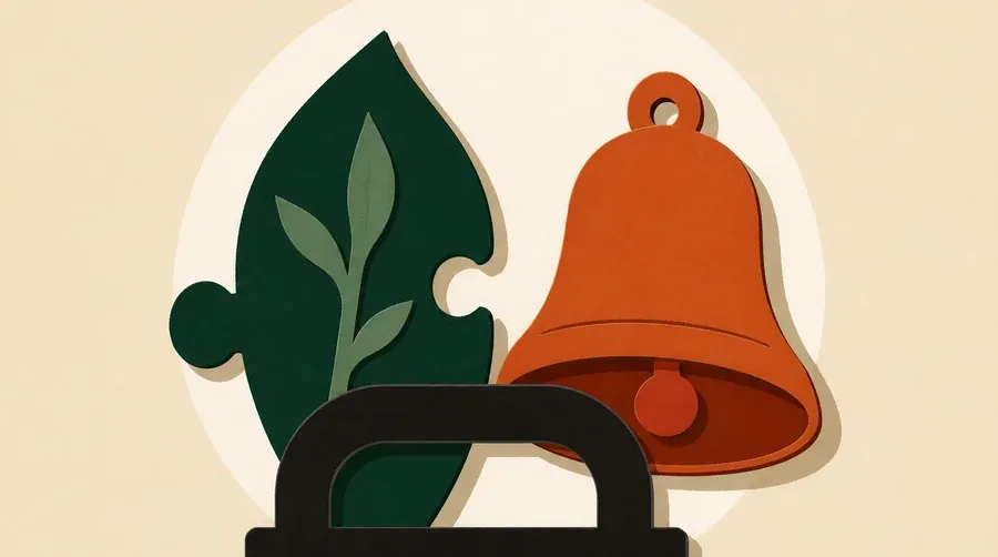 Une feuille verte, une cloche terre cuite et une barrière sombre.