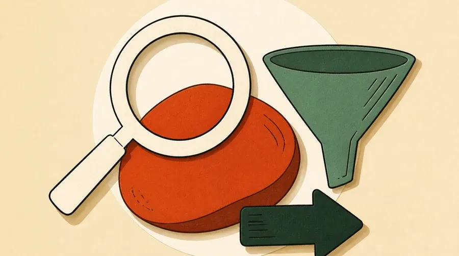 Loupe crème, galet terre cuite, entonnoir sauge et flèche vert forêt.
