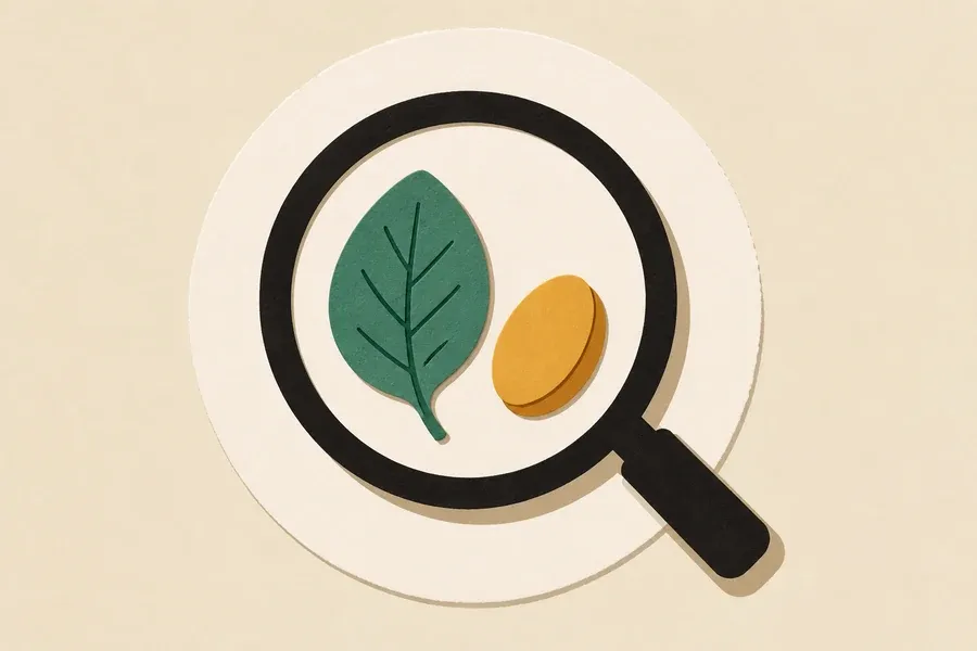 Loupe encre sombre, feuille vert sauge et graine ocre alignées.