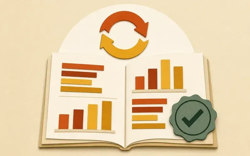 Livre ouvert avec graphiques colorés, flèches circulaires et sceau coché au premier plan