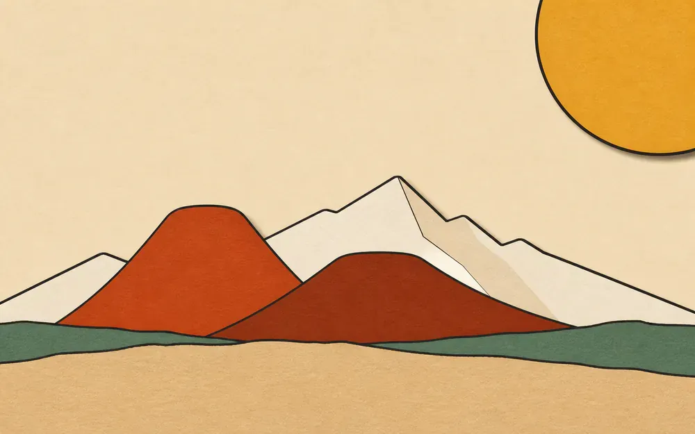 En papier découpé : deux dômes volcaniques arrondis devant une crête alpine anguleuse