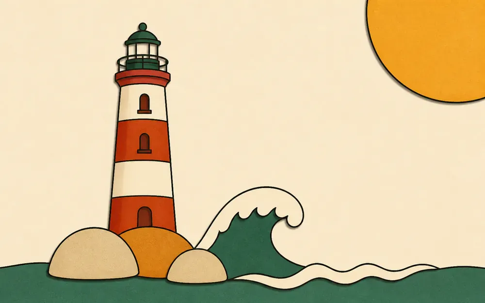 Phare rayé rouge et blanc au bord de vagues stylisées avec rochers