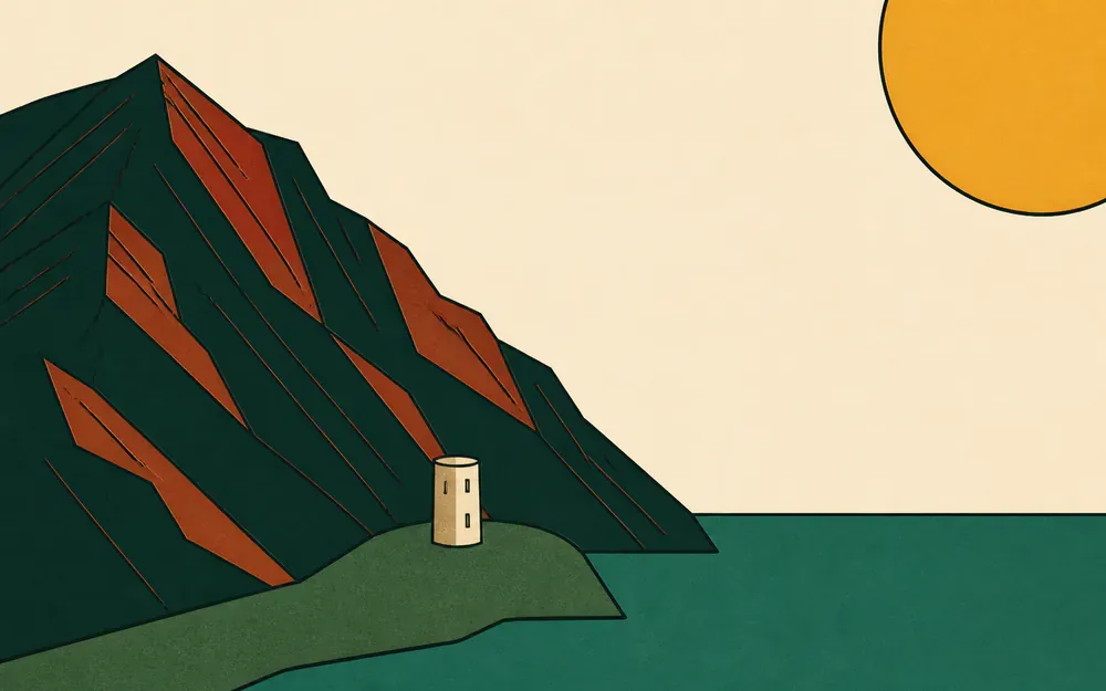 Une montagne sombre domine une petite colline avec une tour près de l'eau