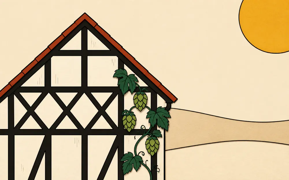 En papier découpé : une façade à colombages et une vigne de houblon