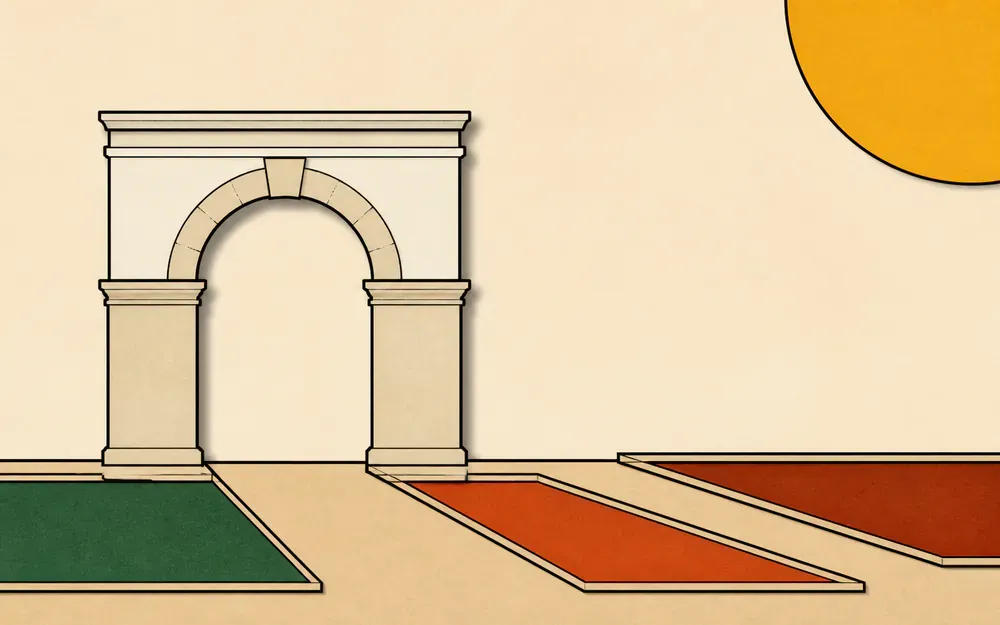 En papier découpé : une arche de pierre au bord d'un jardin à la française