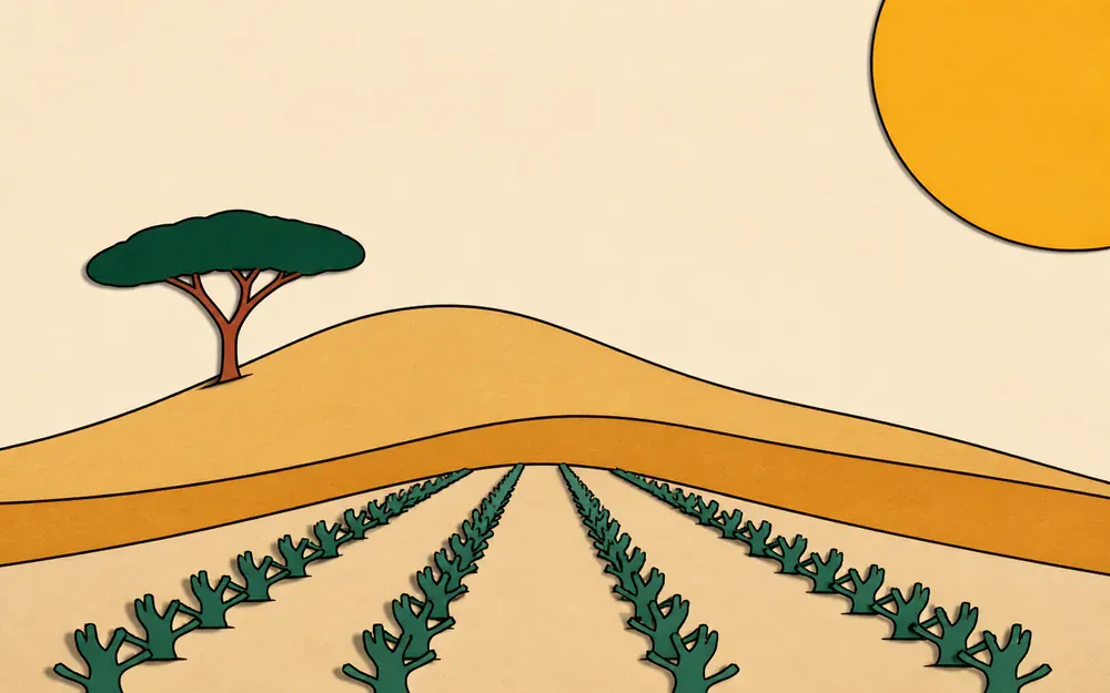 En papier découpé : une dune, un pin parasol et des rangs de vigne