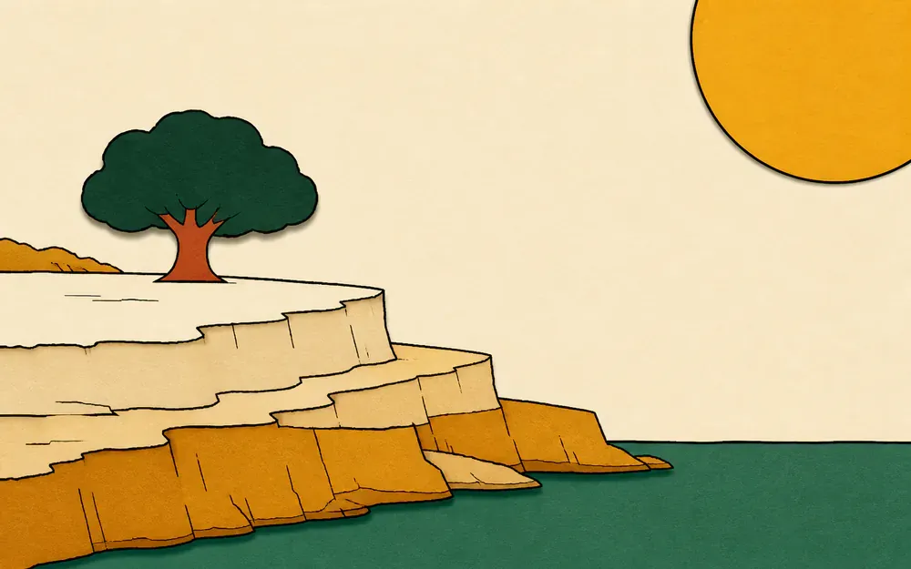 Arbre solitaire sur une falaise au bord de l’eau, grand soleil en haut
