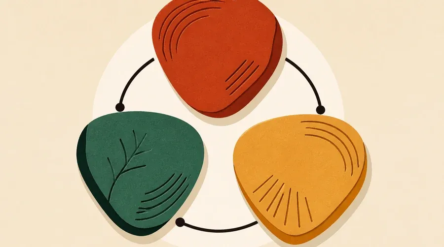 Trois graines terre cuite, vert sauge et ocre autour d’un tapis crème.