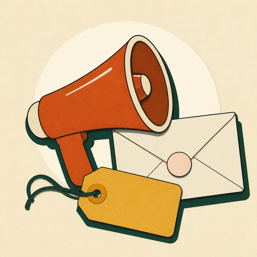 Un mégaphone terre cuite accompagne une enveloppe crème et une étiquette ocre.