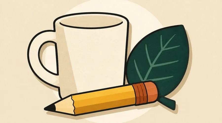 Une tasse crème, un crayon ocre et une feuille vert forêt.