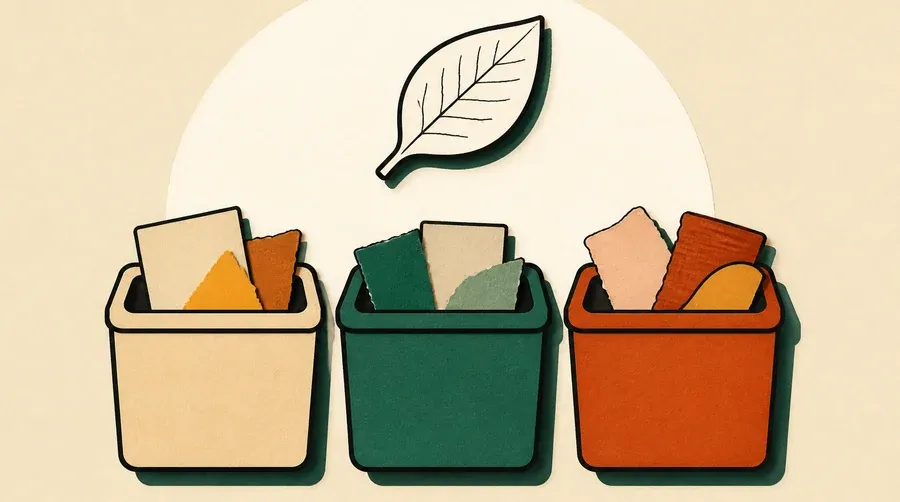 Trois bacs sable, vert sauge et terre cuite portent une feuille crème.