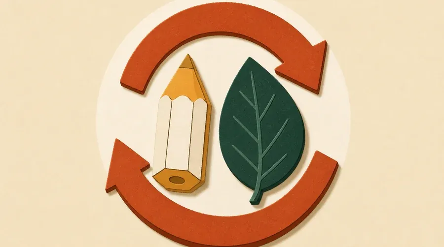 Deux flèches terre cuite entourent un crayon crème et une feuille verte.
