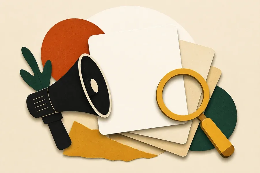 Un mégaphone encre sombre vise une pile crème sous une loupe ocre.
