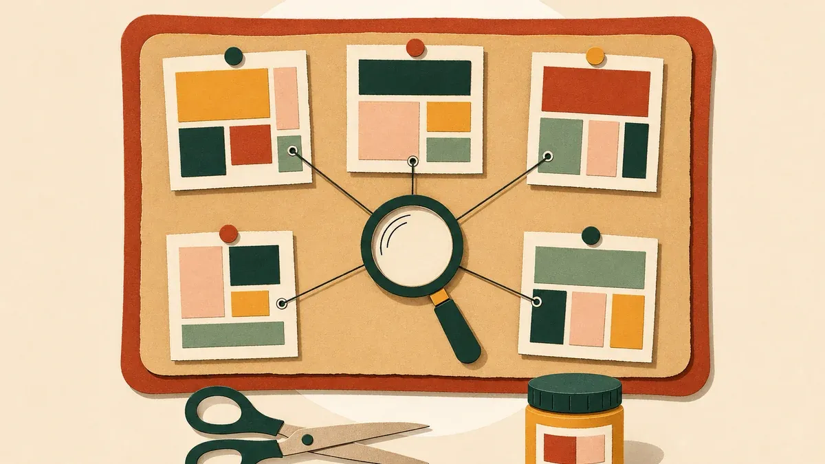 Tableau d’affichage en papier découpé avec unes de journaux reliées par des fils à une loupe centrale, collage éditorial