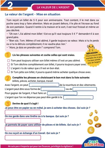 Page « La valeur de l’argent » du cahier d’éducation financière cycle 2