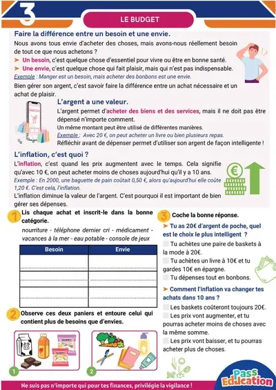 Page sur le budget, les besoins et les envies du cahier d’éducation financière cycle 3