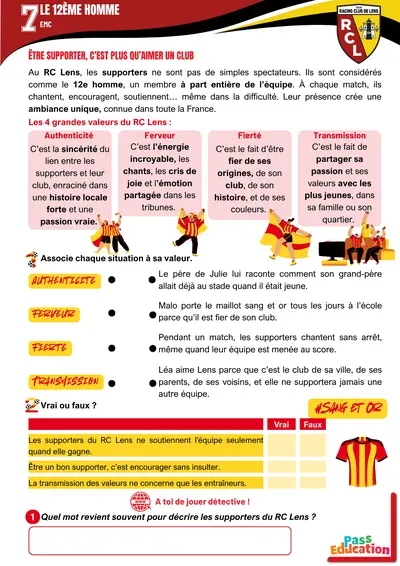 Page sur les valeurs du 12e homme dans le livret du Racing Club de Lens