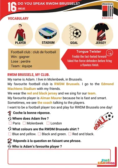Page d’anglais du cahier d’activités du RWDM Brussels