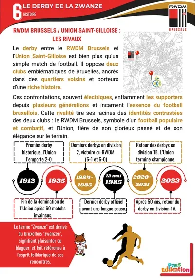 Page sur le derby de la Zwanze dans le cahier d’activités du RWDM Brussels