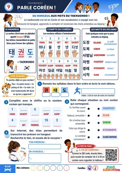 Page d’initiation au coréen et au hangeul du livret de taekwondo