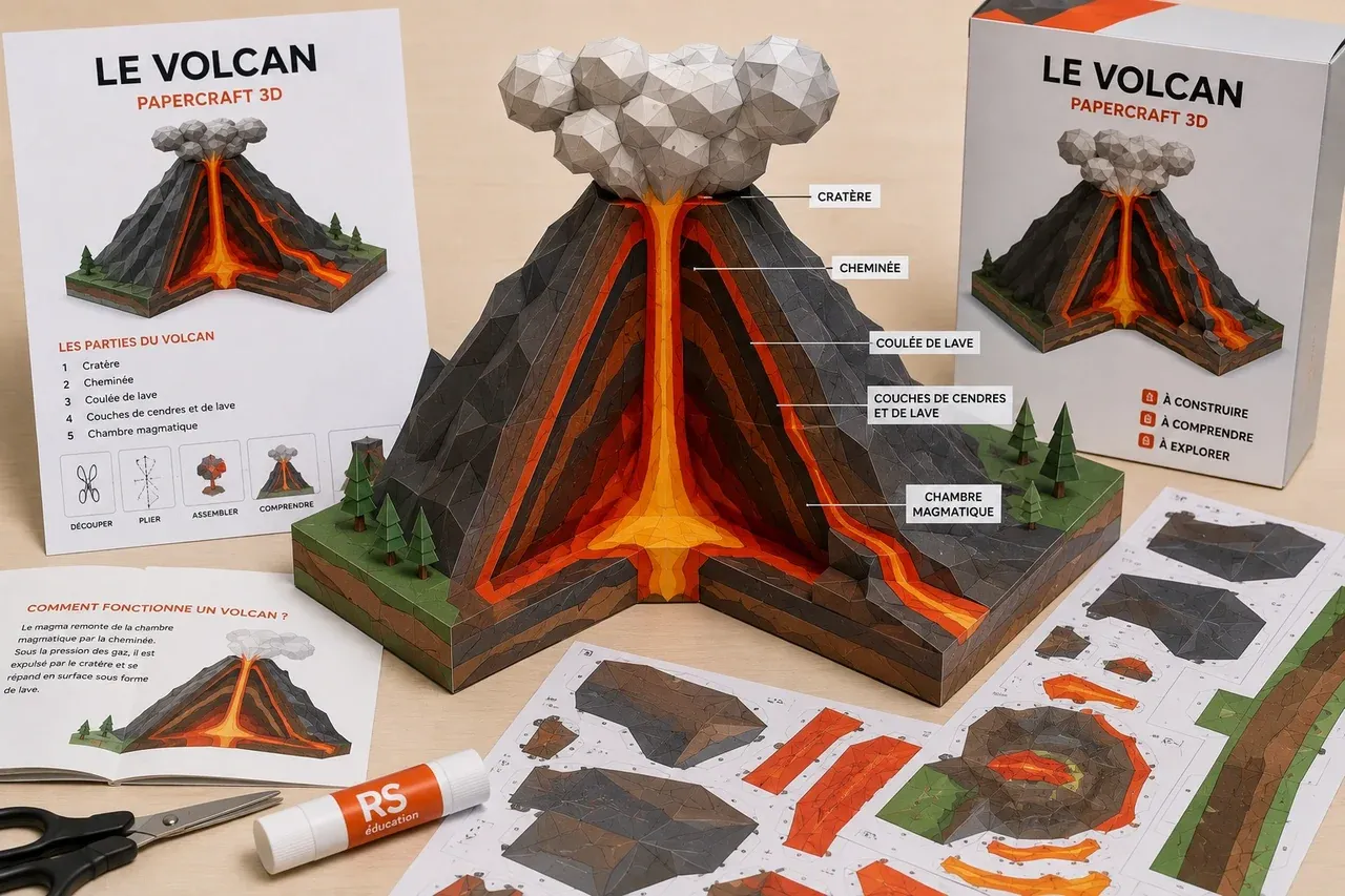 Visuel de mise en situation du volcan en coupe en Papercraft 3D