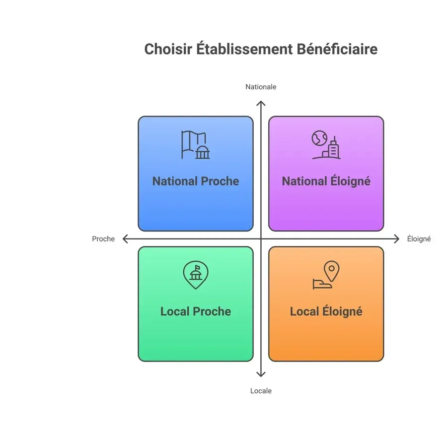 Schéma à quatre blocs colorés pour choisir un établissement bénéficiaire proche ou éloigné
