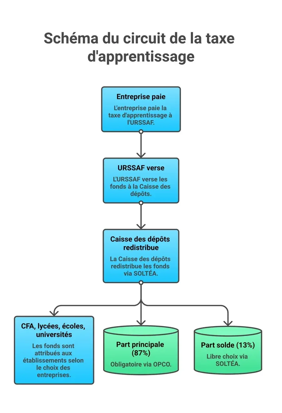Schéma de la taxe d'apprentissage avec étapes URSSAF, caisse des dépôts et répartition