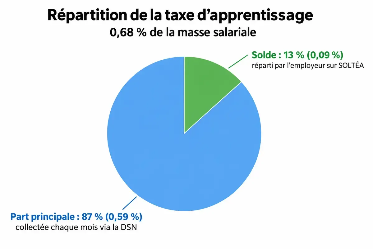 Répartition de la taxe d’apprentissage : part principale de 87 % et solde de 13 % réparti sur SOLTÉA