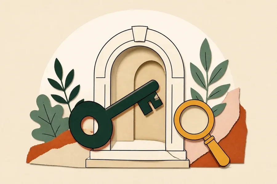 Une clé vert forêt entre dans une porte crème avec loupe ocre.