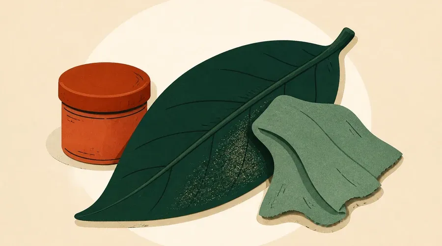Une feuille vert forêt, un chiffon sauge et un pot terre cuite fermé.