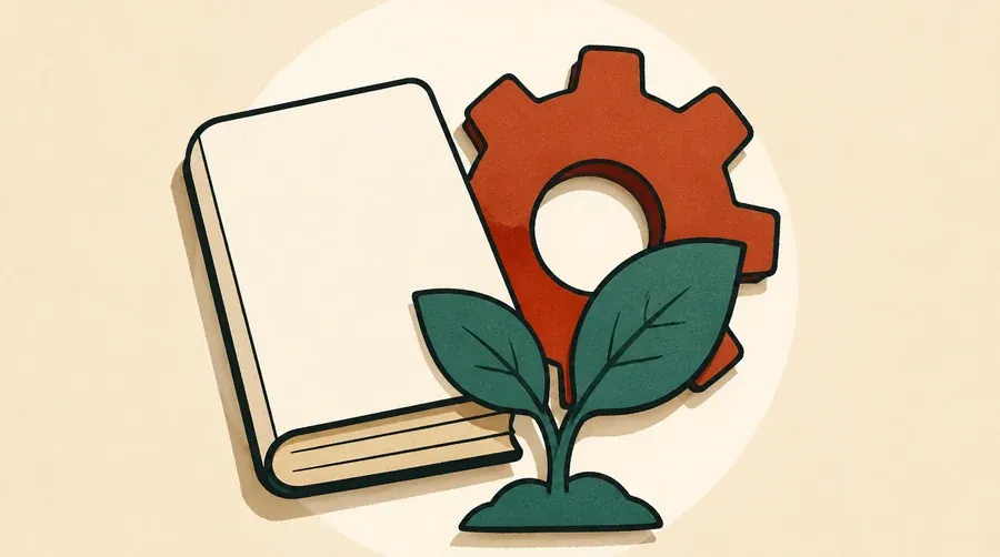 Un livre crème, un engrenage terre cuite et une pousse sauge s’assemblent.