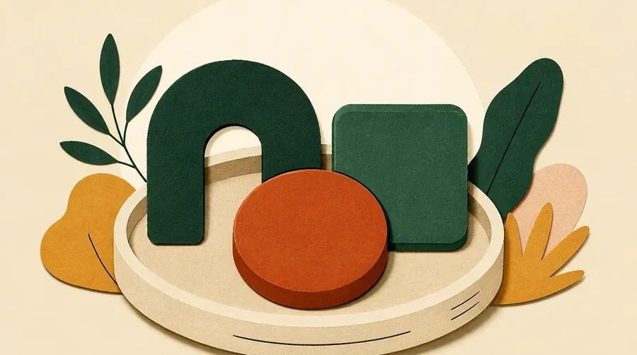 Un plateau crème accueille trois blocs sable, terre cuite et vert forêt.