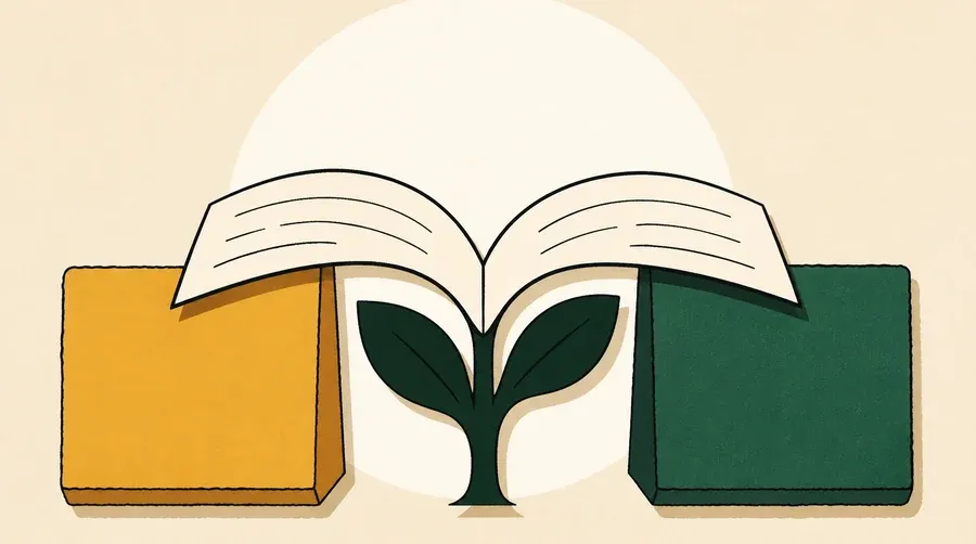 Un livre crème relie deux blocs ocre et sauge avec une pousse verte.