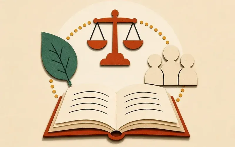 Livre ouvert avec balance, feuille verte et trois silhouettes sur fond clair