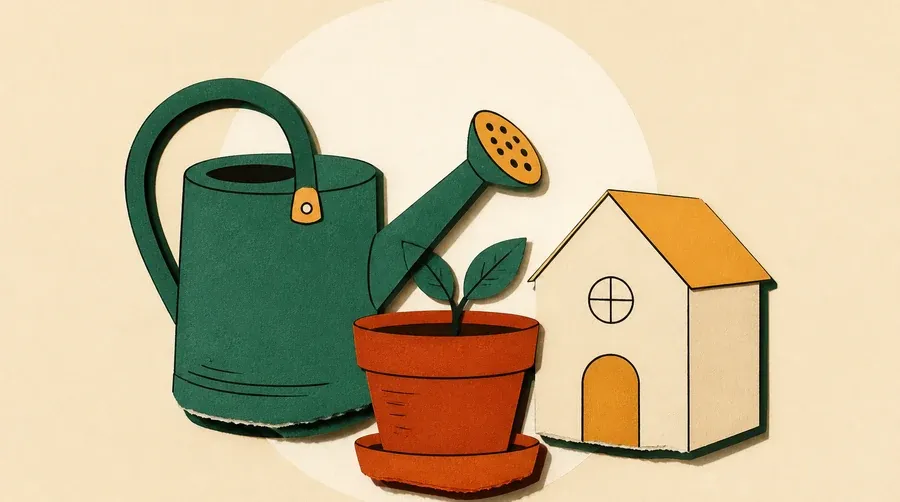 Un arrosoir vert sauge, une pousse terre cuite et une maison crème.