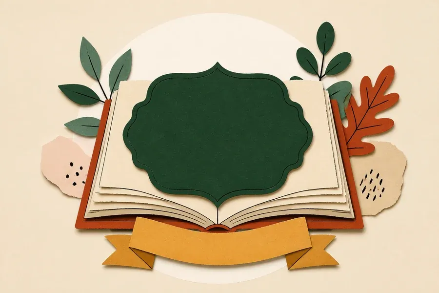 Badge vert forêt, livre crème et ruban ocre.